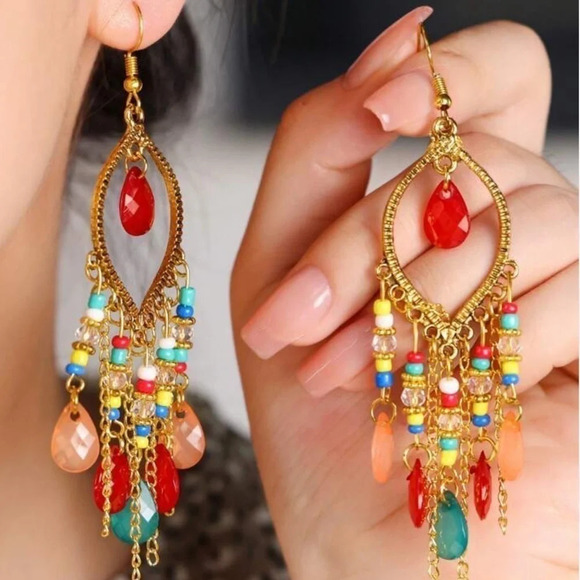 Jewelry - Bohemian Style Water Drop Shaped Bead Earrings With Tassel Fringes For Women